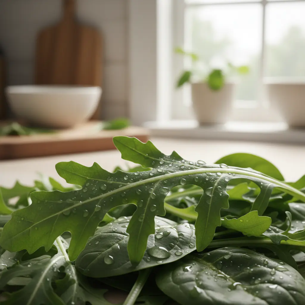 A vibrant, professional close-up of a variety of dark leafy greens, including arugula, spinach, and kale, arranged in a way that emphasizes their fresh, crisp texture and deep green colors.