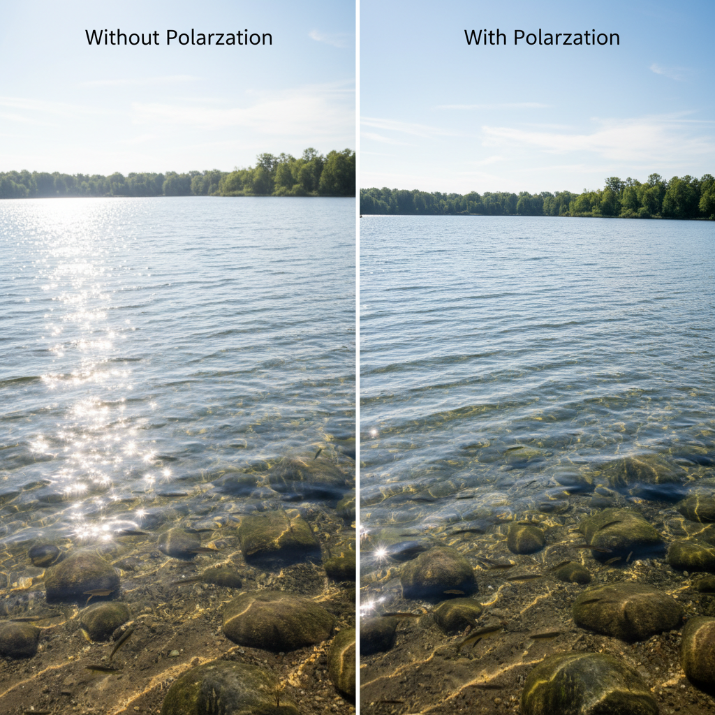 A side-by-side comparison showing a view of a lake without polarized lenses (heavy glare on the water) and with polarized lenses (clear water, visible rocks below).
