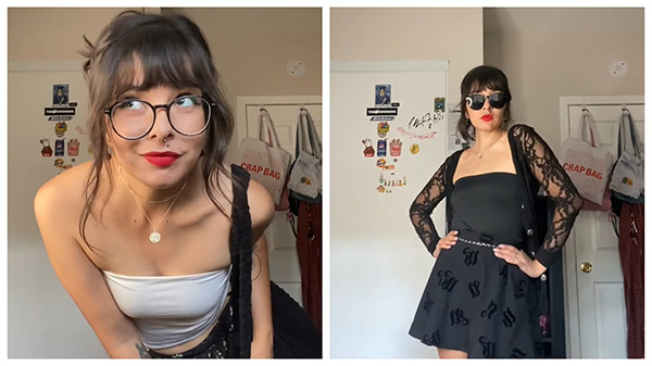 Joë Dorian showcasing Lensmart round black glasses (with detachable shades) in two stylish outfit looks.