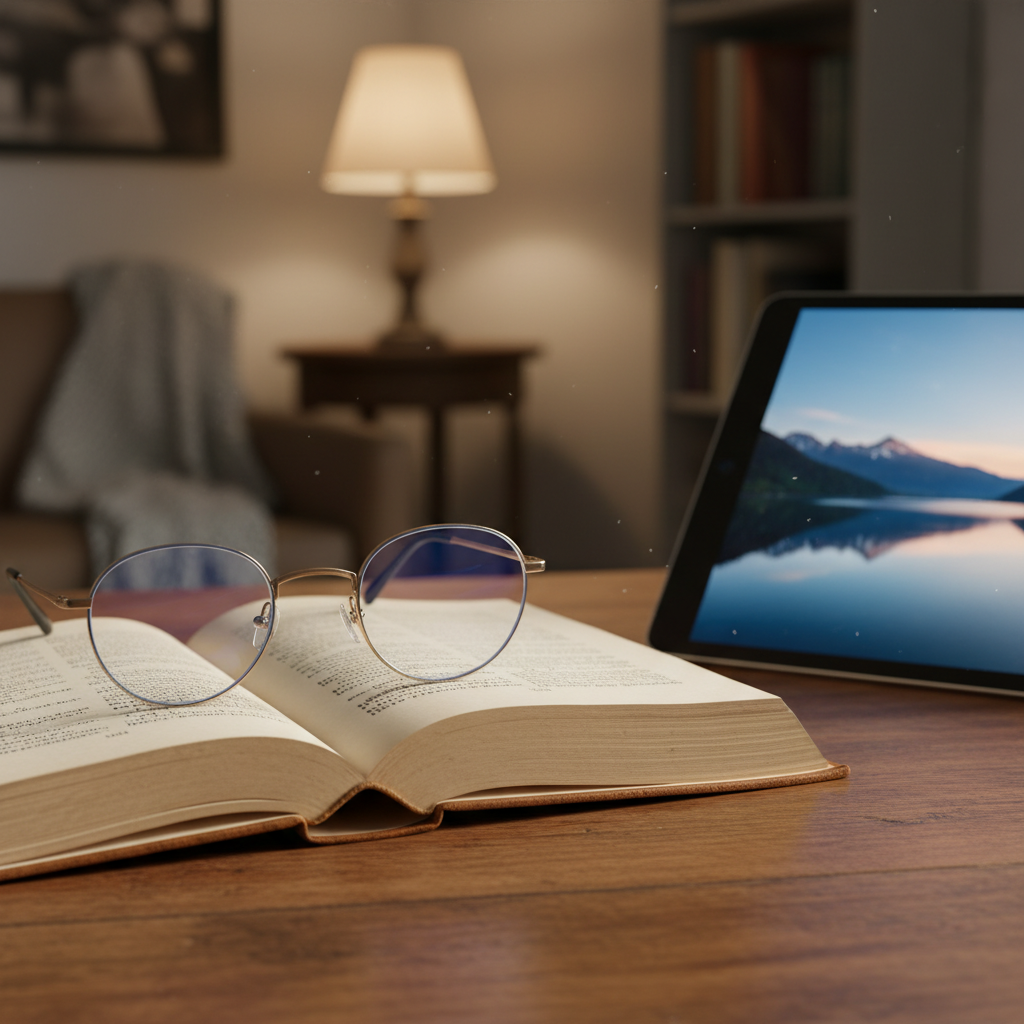 A pair of stylish, modern blue light glasses with clear lenses resting on an open book next to a tablet device, set in a cozy, warmly lit room.