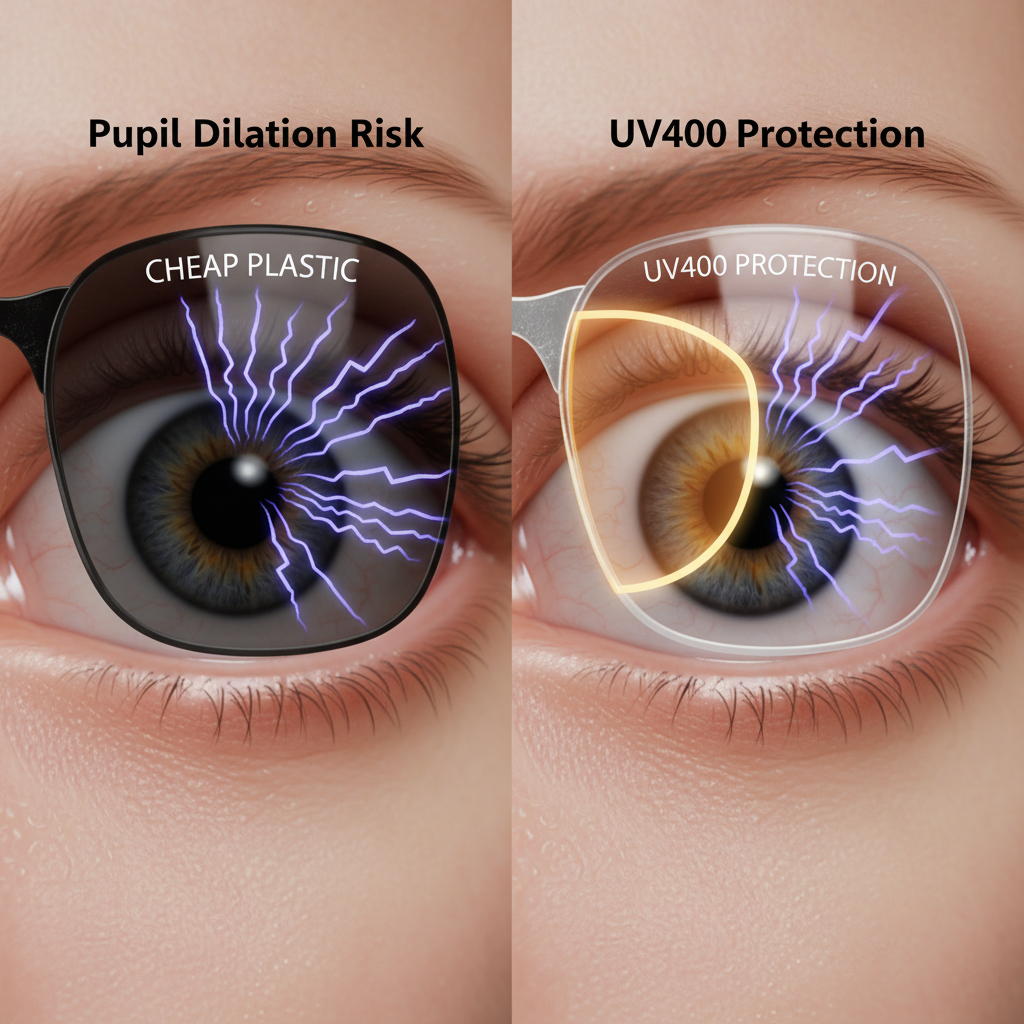 A side-by-side comparison showing a person's dilated pupil behind a dark, non-UV-protective lens versus a normal pupil behind a certified UV400 lens in bright sunlight.