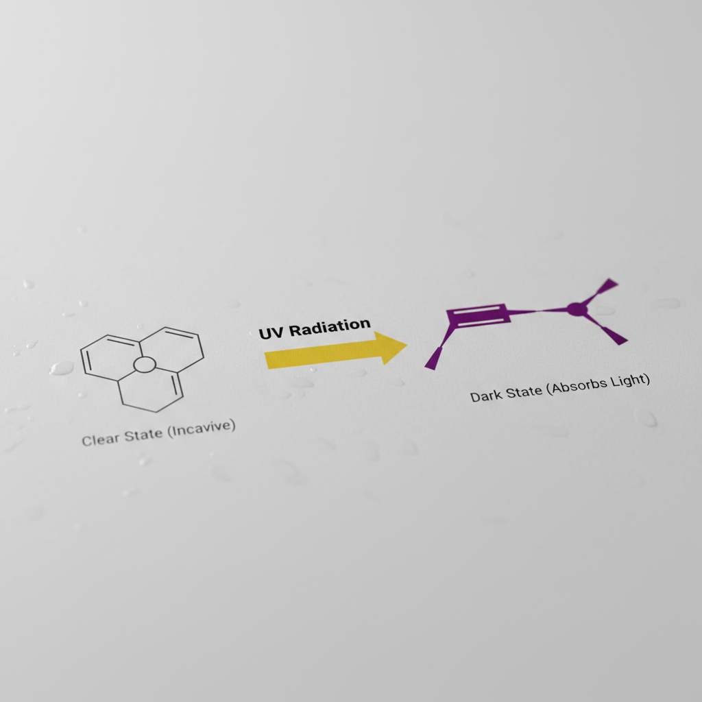 A simple scientific diagram showing the chemical transformation of a photochromic molecule. On the left, a simplified, colorless molecule is labeled 'Clear State (No UV)'. An arrow labeled 'UV Radiation' points to the right, where the same molecule is shown in a different, more complex and colorful shape, labeled 'Dark State (Absorbs Light)'.