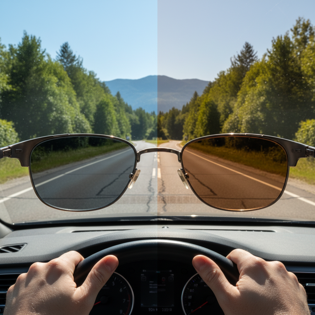 A driver's point-of-view shot, split-screen, showing the road through a grey lens on one side and a brown lens on the other to compare color neutrality and contrast enhancement.