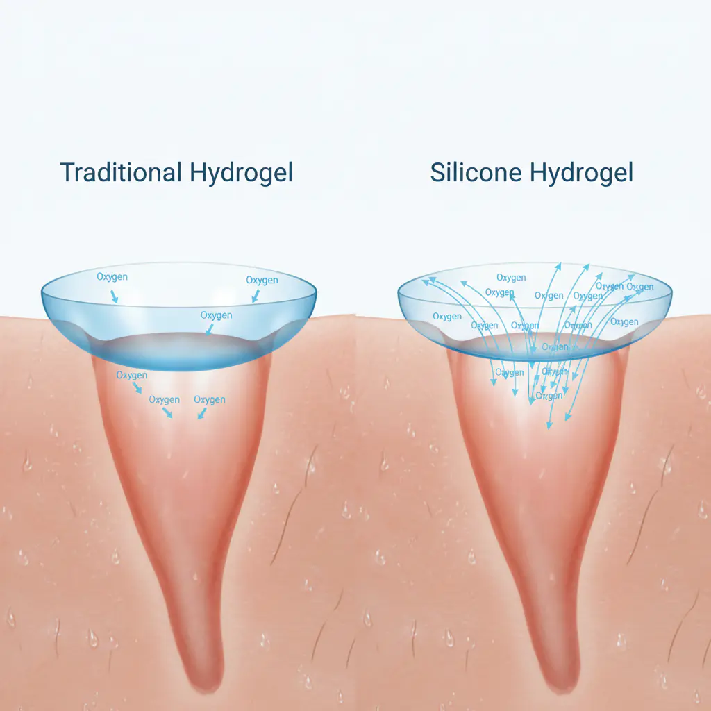 An infographic diagram comparing oxygen flow through a traditional hydrogel lens versus a modern silicone hydrogel lens, showing restricted flow in one and ample flow in the other.