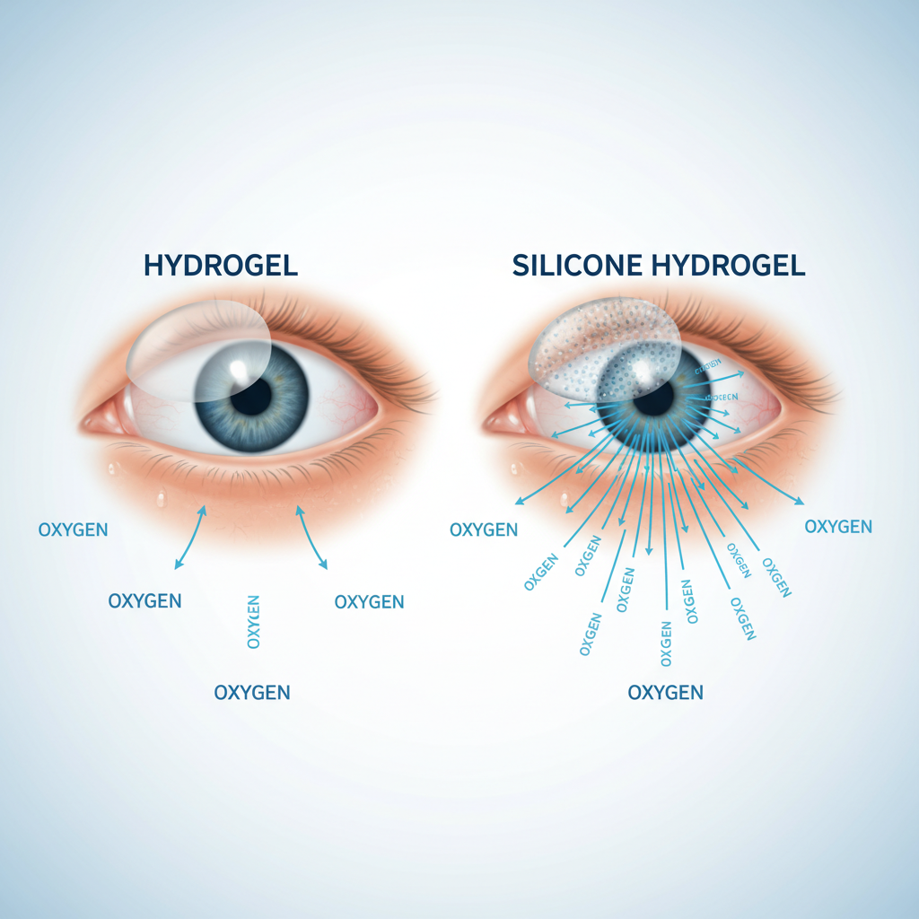 An AI-generated illustration comparing the low oxygen flow through an older hydrogel contact lens versus the high, breathable oxygen flow through a modern silicone hydrogel lens.