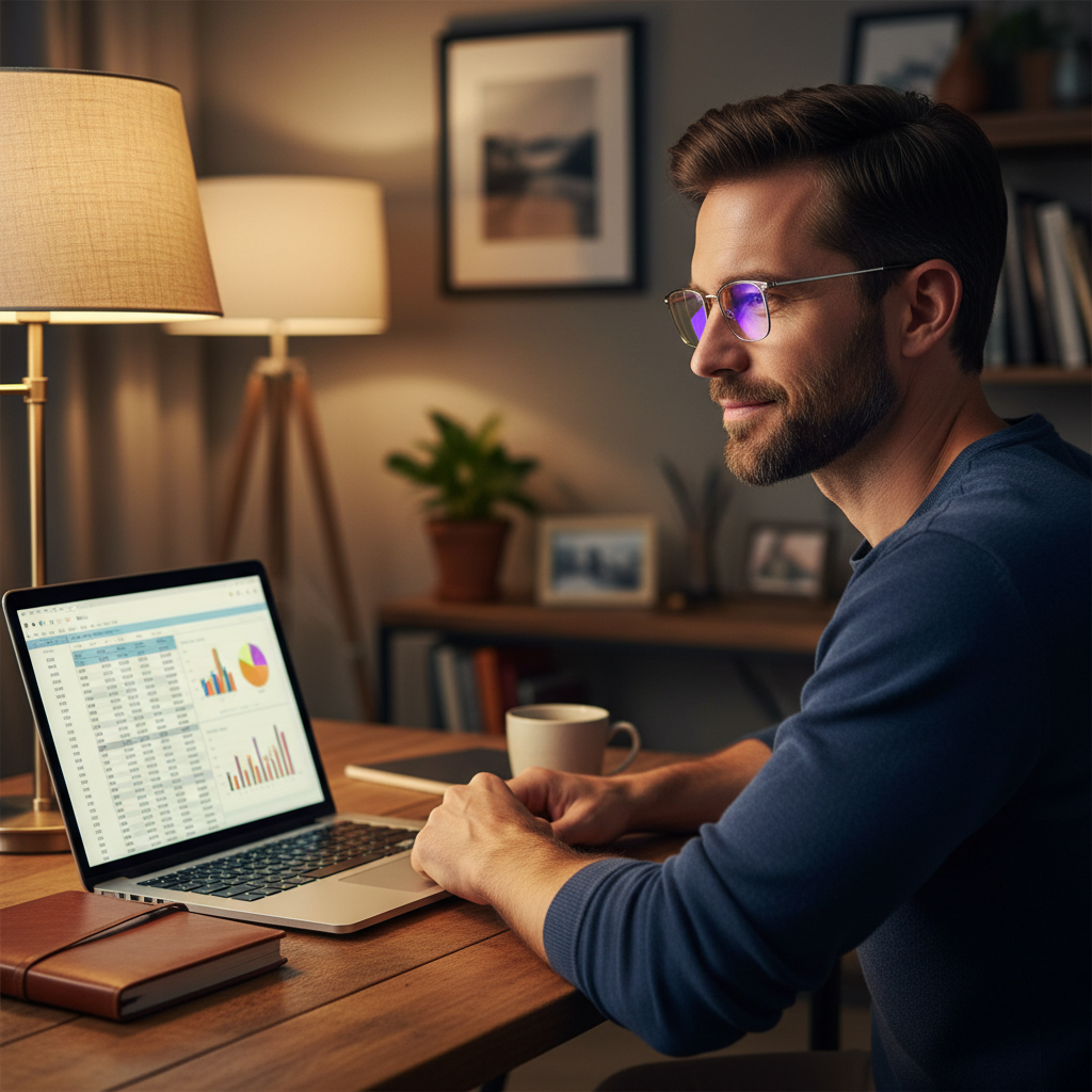 A man wearing modern, stylish glasses with a clear anti-reflective coating is working comfortably on his laptop in a cozy, dimly lit home office. The focus is on his relaxed posture and the clarity of the screen, implying the glasses are solving the issue of digital eye strain and glare.