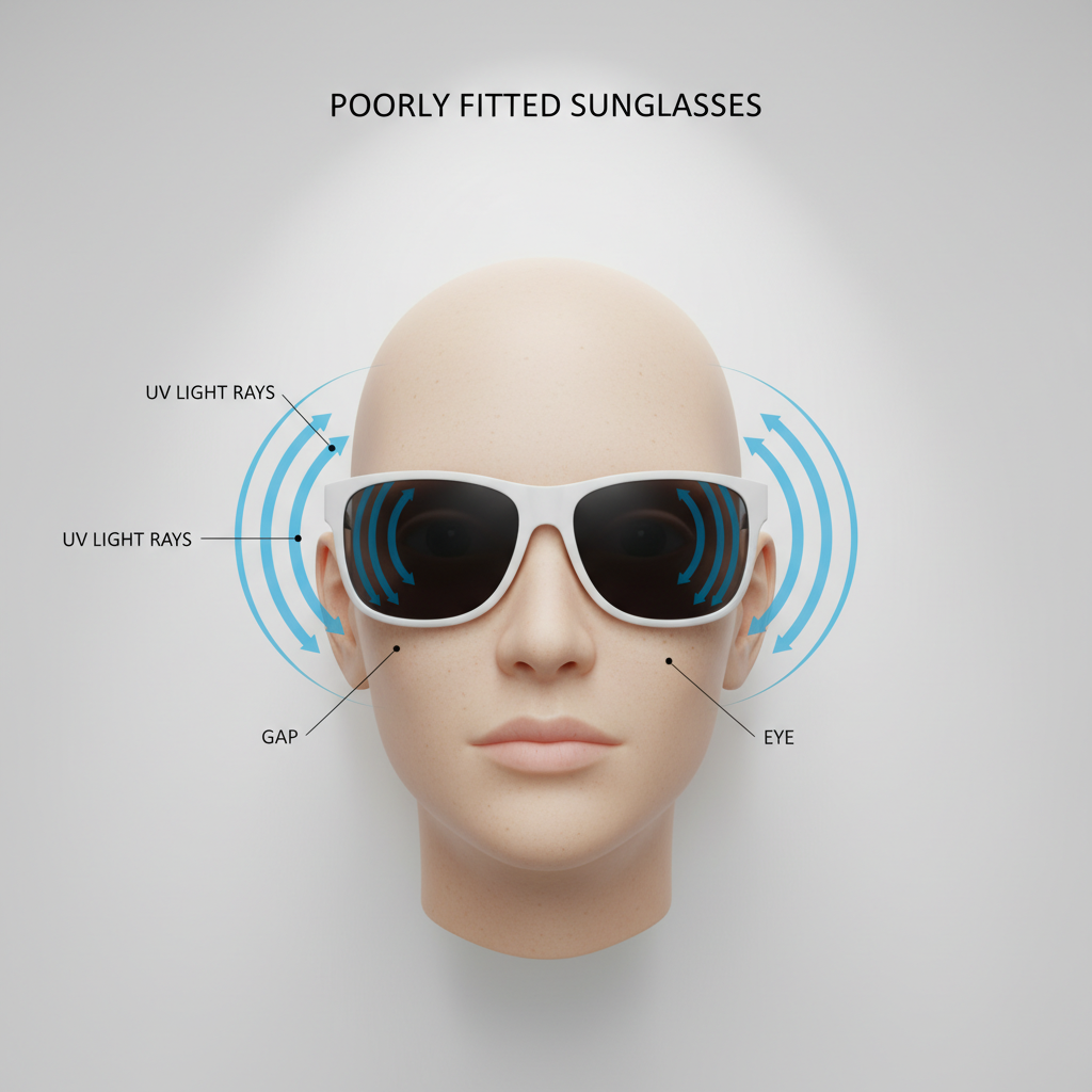 A 3D diagram illustrating how ill-fitting sunglasses allow UV light to leak in from the sides.