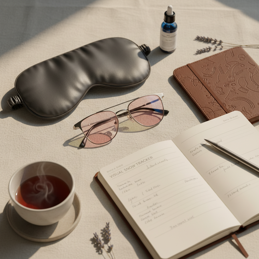 Tools for managing Visual Snow Syndrome, including tinted glasses and a sleep mask, arranged neatly.