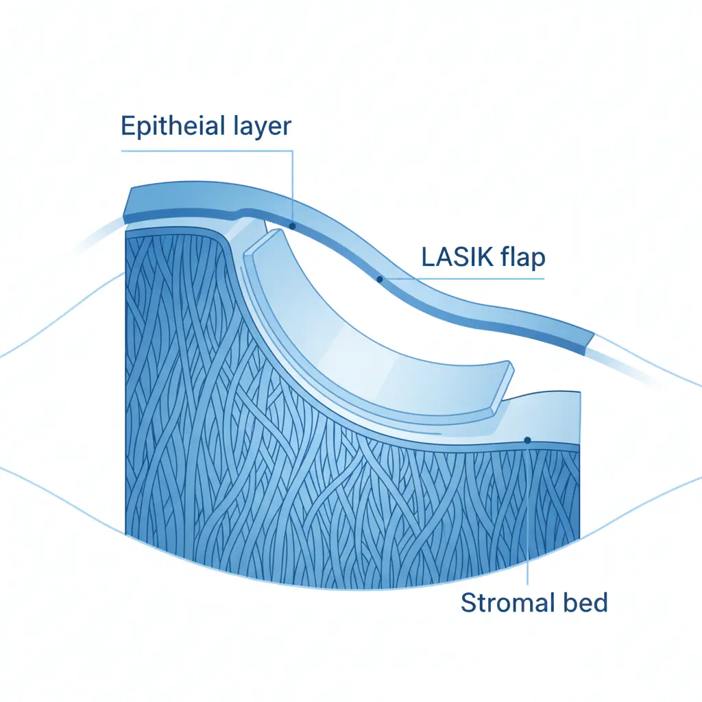 A medical illustration of a cross-section of the human cornea after LASIK surgery, showing the epithelial layer, the flap, and the stromal bed.