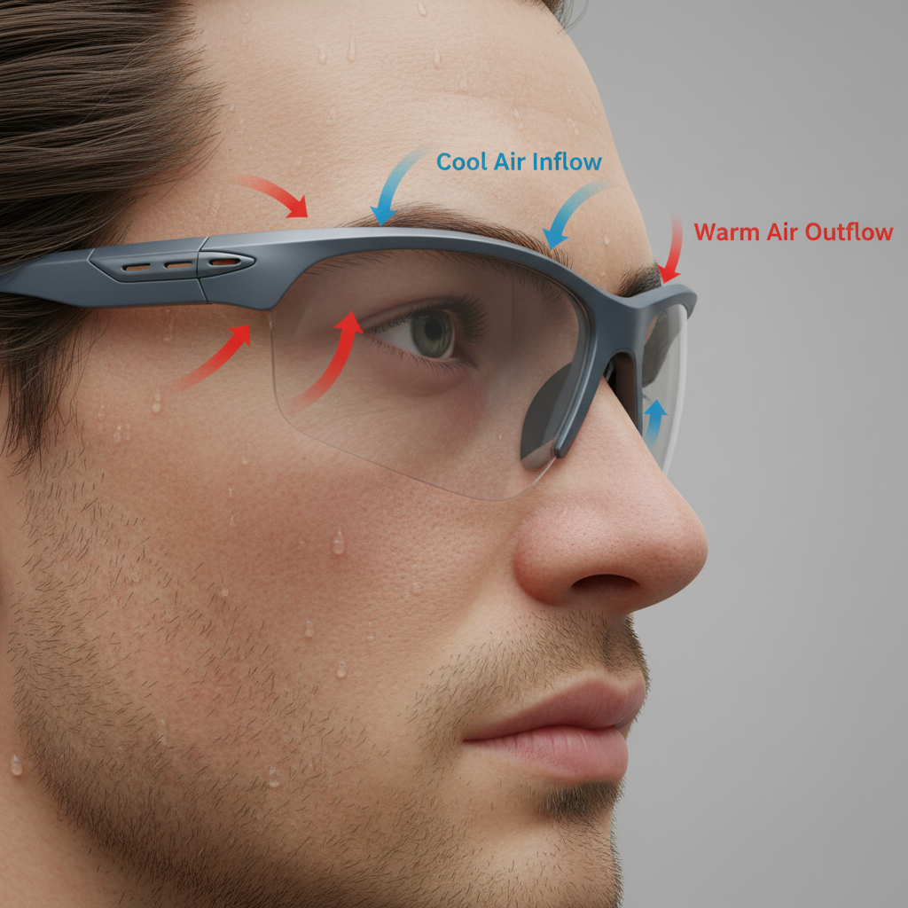 A diagram showing how ventilation channels on sports sunglasses create airflow to prevent fogging.