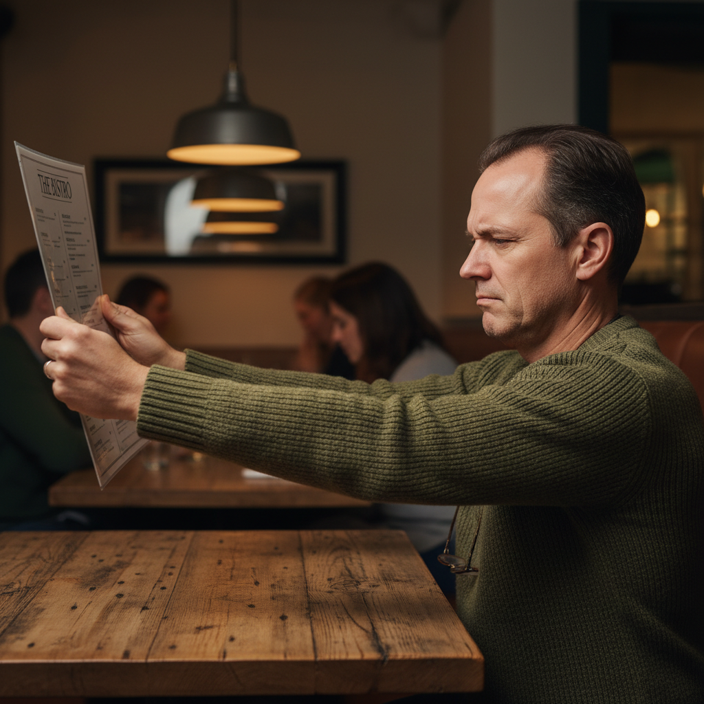 A person holding a menu far away from their face to read it, illustrating a common sign of presbyopia.