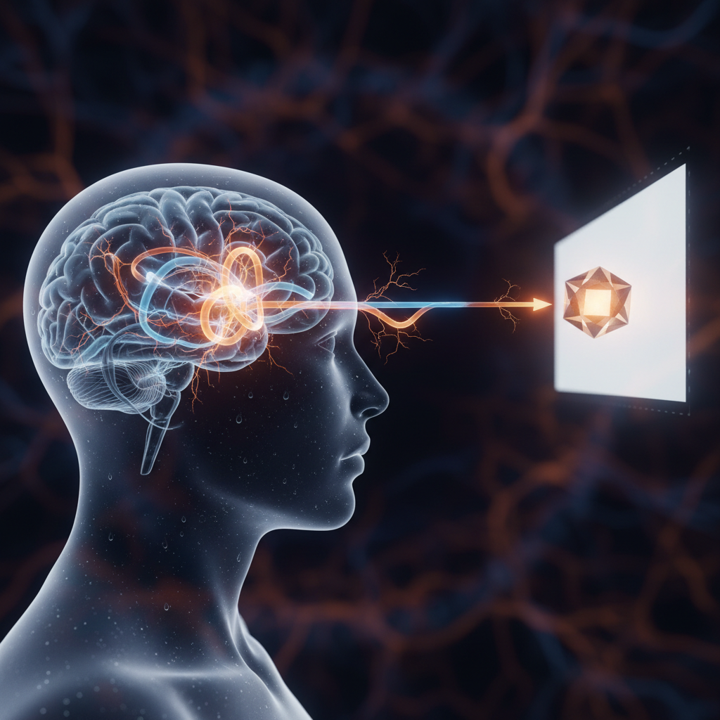 A conceptual AI image illustrating the accommodation-convergence conflict. A person's brain is shown with two conflicting inputs: one signal points to a physical movie screen far away, while another signal points to a 3D object floating in mid-air much closer. The visual style should be abstract and neurological, with glowing lines and nodes to represent the confusion.