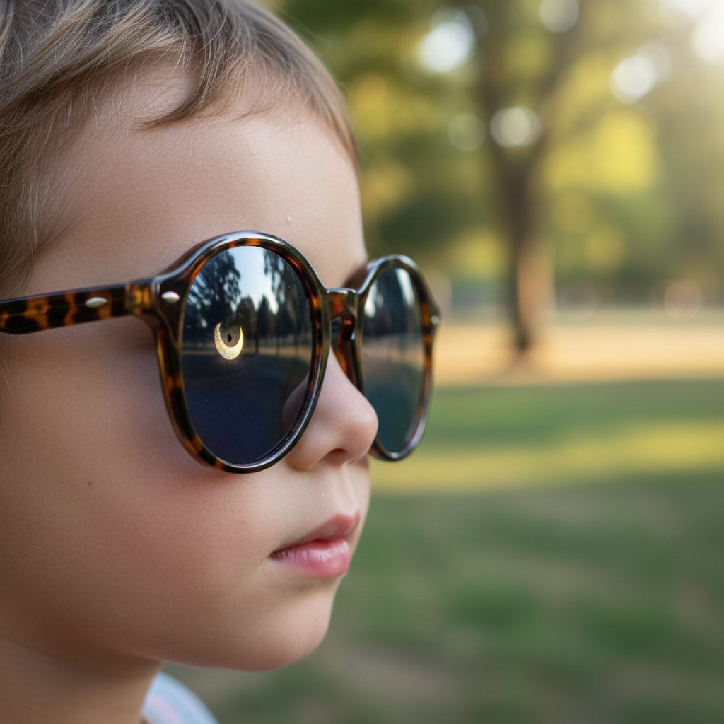 Close up side profile of a child wearing sunglasses, demonstrating the gap between the frame and the face where sunlight enters. Realistic, high resolution.
