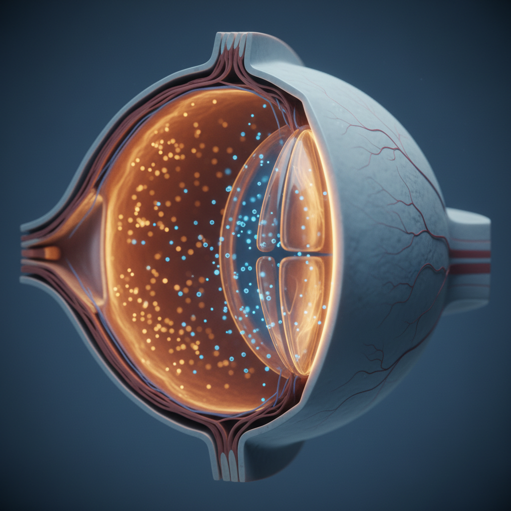 A conceptual technical visualization of the human eye's internal structures, showing the distribution of micronutrients like zinc in the retina and vitamin C in the aqueous humor. The lighting is clean and clinical, using a soft blue and amber palette to represent the balance of light.
