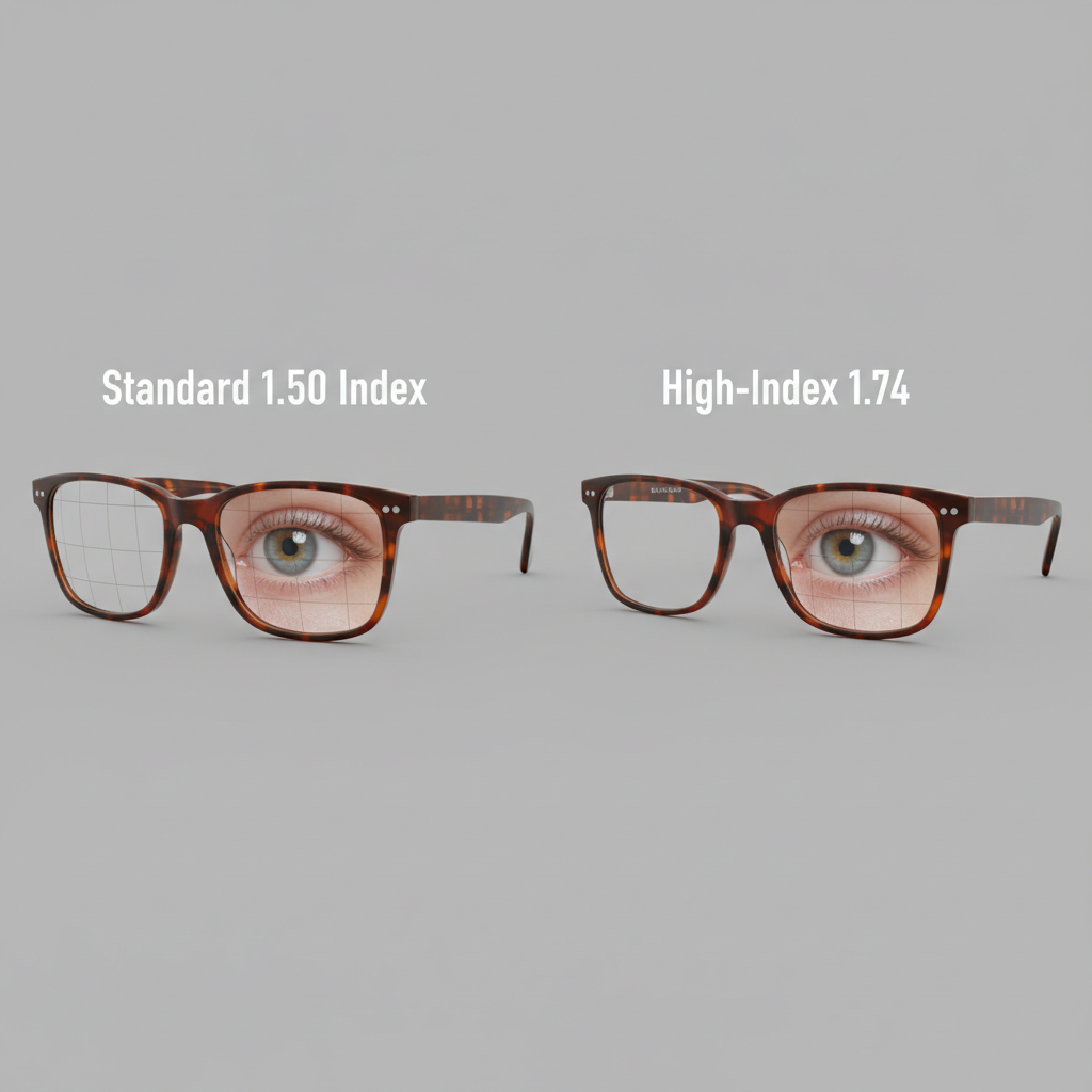 A visual comparison showing the difference in lens thickness between a standard 1.50 index lens and a 1.74 high-index lens for the same strong prescription.