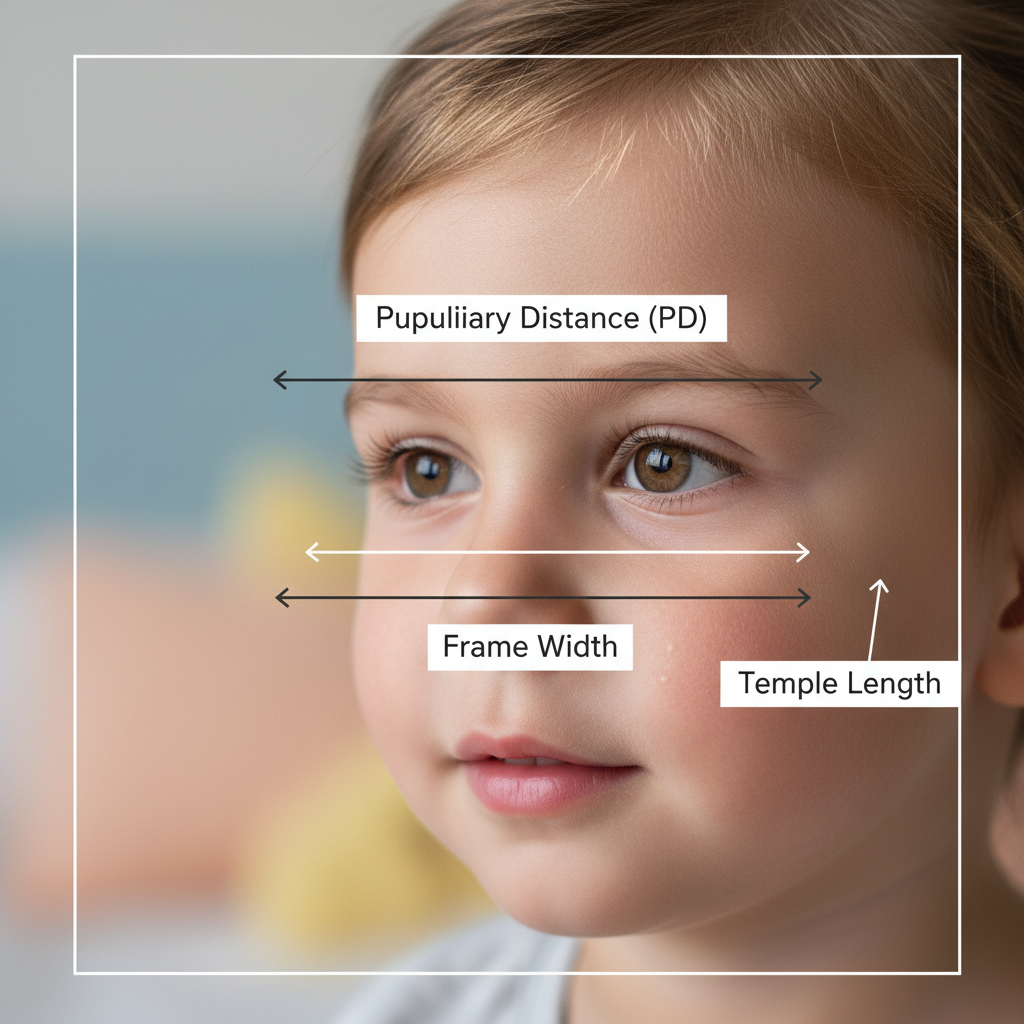 A diagram showing the key measurement points on a child's face for fitting glasses, including pupillary distance and frame width.