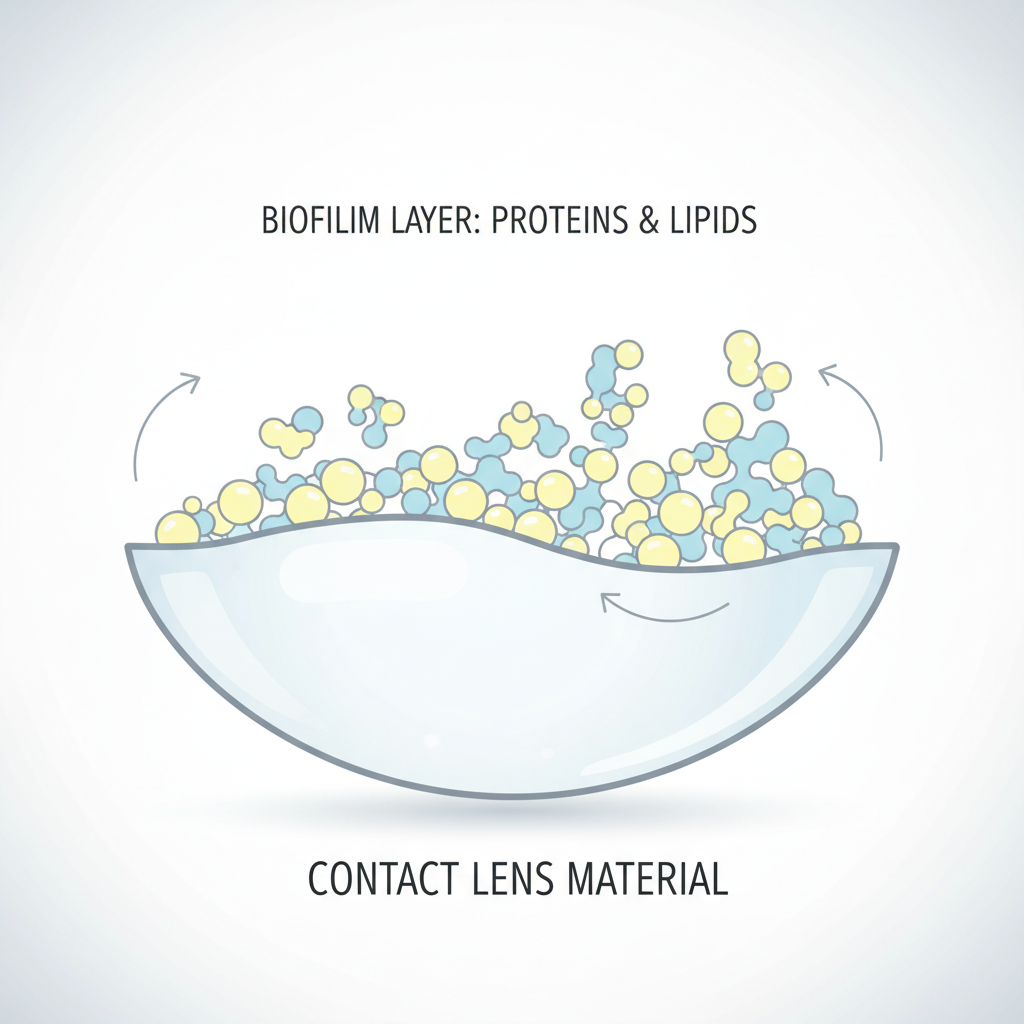 A magnified view showing protein and lipid deposits accumulating on the surface of a reusable contact lens over time.