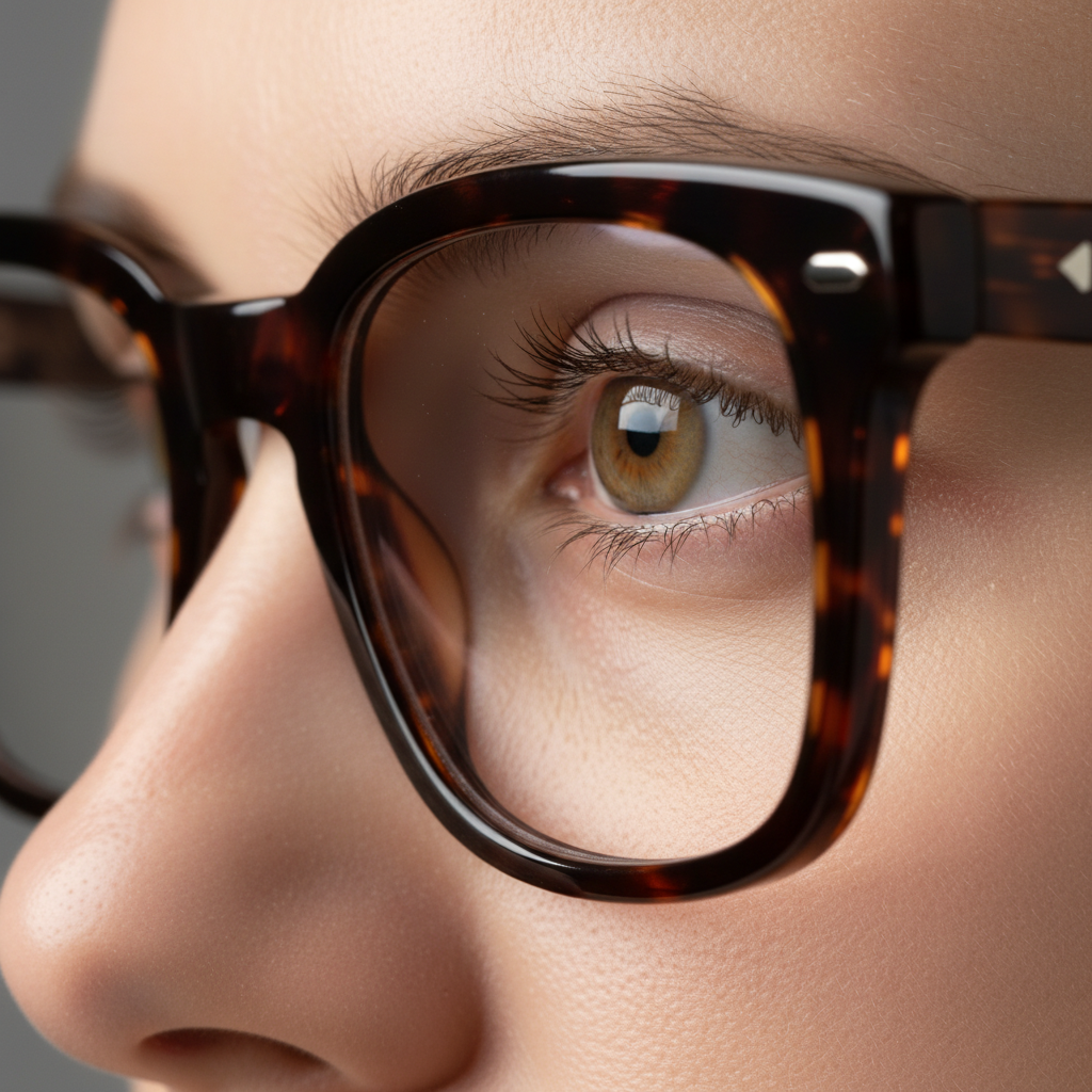 A close-up profile shot of a person wearing stylishly thick, dark tortoiseshell acetate glasses, where the frame material perfectly conceals the edge of the high-prescription lens.