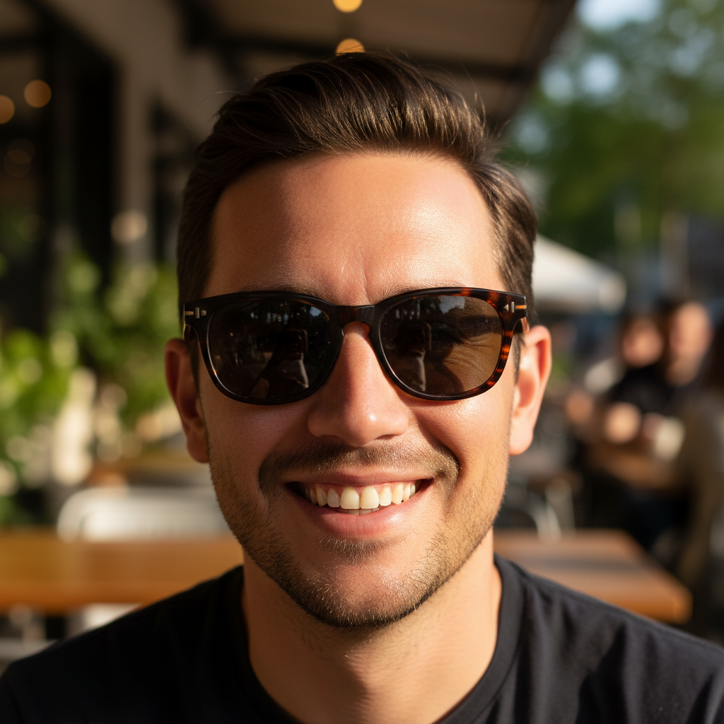 A person with a strong prescription happily wearing a pair of fashionable, moderately-sized acetate sunglasses outdoors.