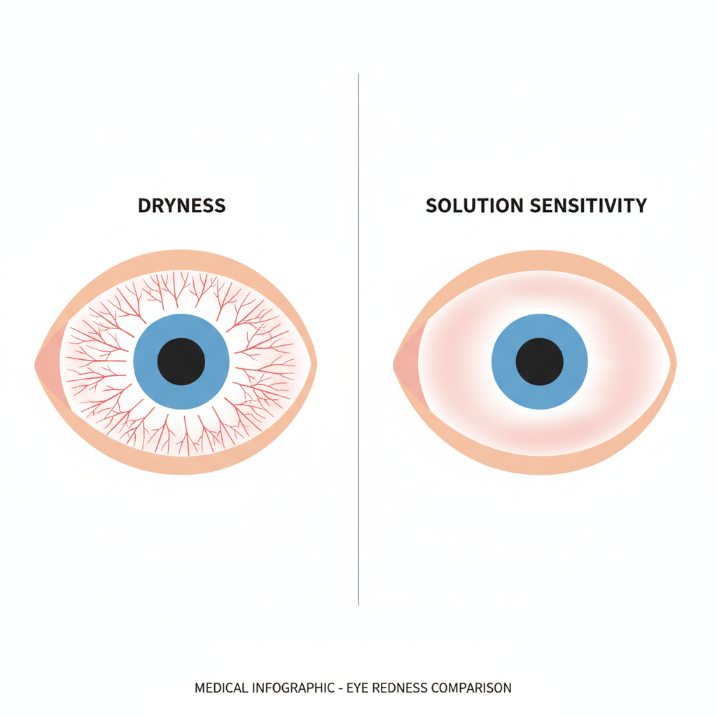 A medical infographic comparing two types of eye redness, one for dryness and one for solution sensitivity.