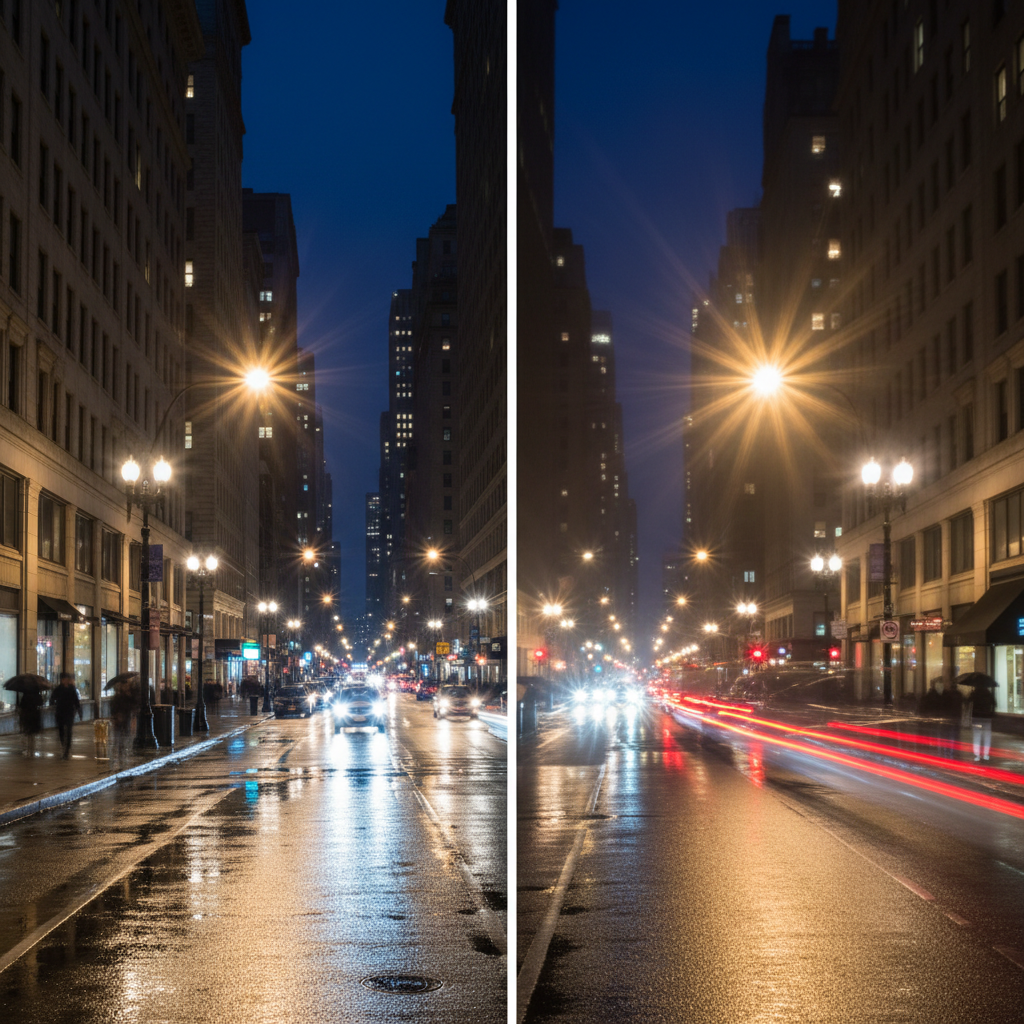 A side-by-side comparison showing a clear view of a city street at night on the left, and the same scene with significant starbursts and halos around headlights on the right, illustrating poor visual quality.