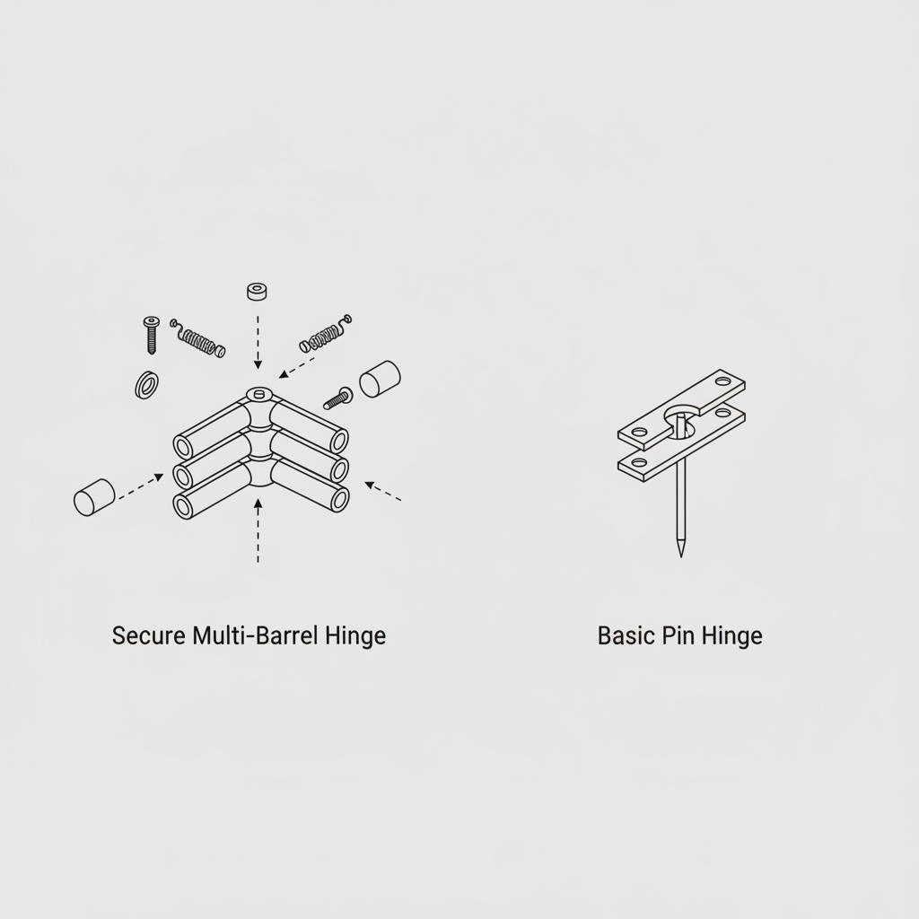 A detailed, technical diagram comparing two types of sunglass hinges. On the left, a robust, multi-barrel spring-loaded hinge is shown in an exploded view, labeled "Secure Multi-Barrel Hinge." On the right, a simple, flimsy-looking pin-and-clip hinge is shown, labeled "Basic Pin Hinge." The image uses clean lines and annotations to highlight the differences in complexity and durability.