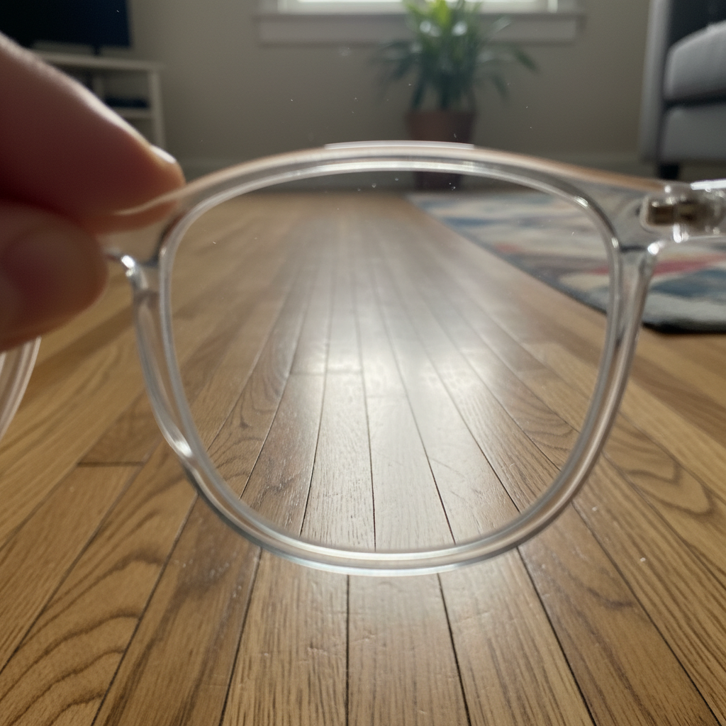 A first-person view through new eyeglasses showing a distorted, slanted wooden floor, illustrating the spatial distortion effect.