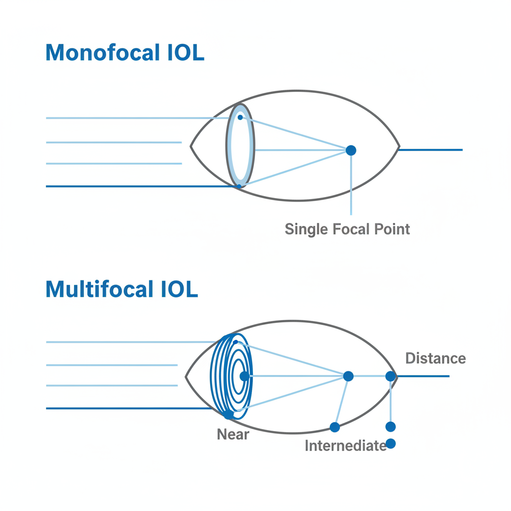 A medical diagram comparing the light path of a monofocal IOL, which focuses light to a single point on the retina, versus a multifocal IOL, which splits light to create multiple focal points for near, intermediate, and distance vision.