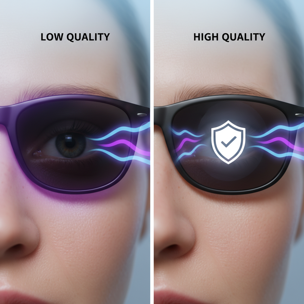 A detailed, realistic infographic comparing a cheap toy sunglass lens versus a high-quality UV400 certified lens. The visual highlights the layers of protection in the quality lens and the lack of filtration in the toy lens.