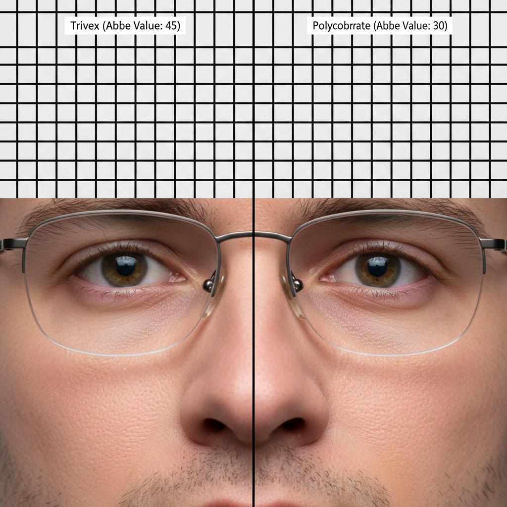 A visual comparison showing the effect of Abbe value, with a clear image seen through a Trivex lens and a slightly color-fringed image through a Polycarbonate lens.