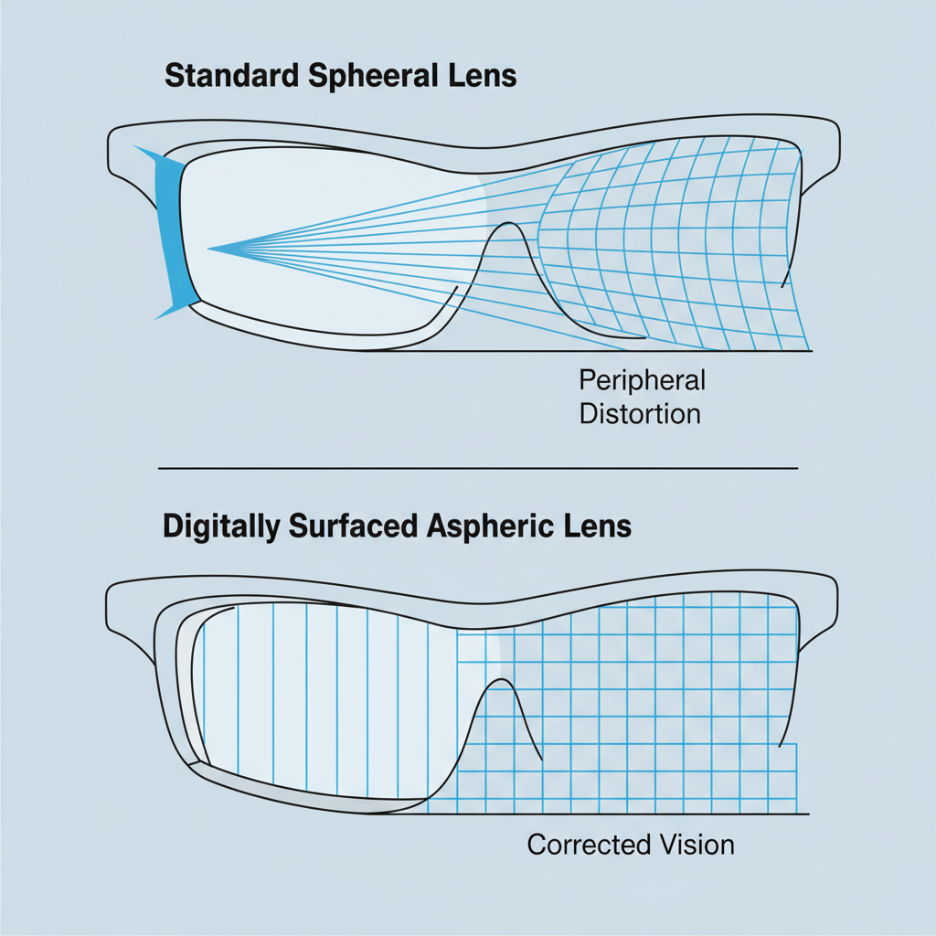 A technical diagram comparing a standard spherical lens to a digitally surfaced aspheric lens in a wrap frame, visually demonstrating how the freeform design corrects peripheral distortion.