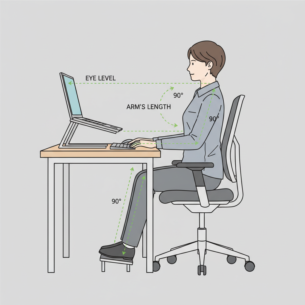 An illustration of a person sitting at a computer with correct ergonomic posture, with lines indicating eye level, 90-degree angles at elbows and knees, and monitor at arm's length.