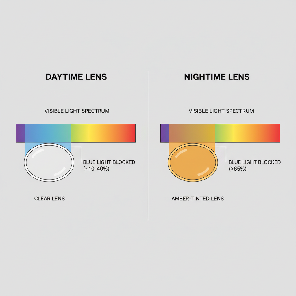 A diagram comparing a clear blue light lens and an amber blue light lens, showing how much blue light each one blocks from a light spectrum.