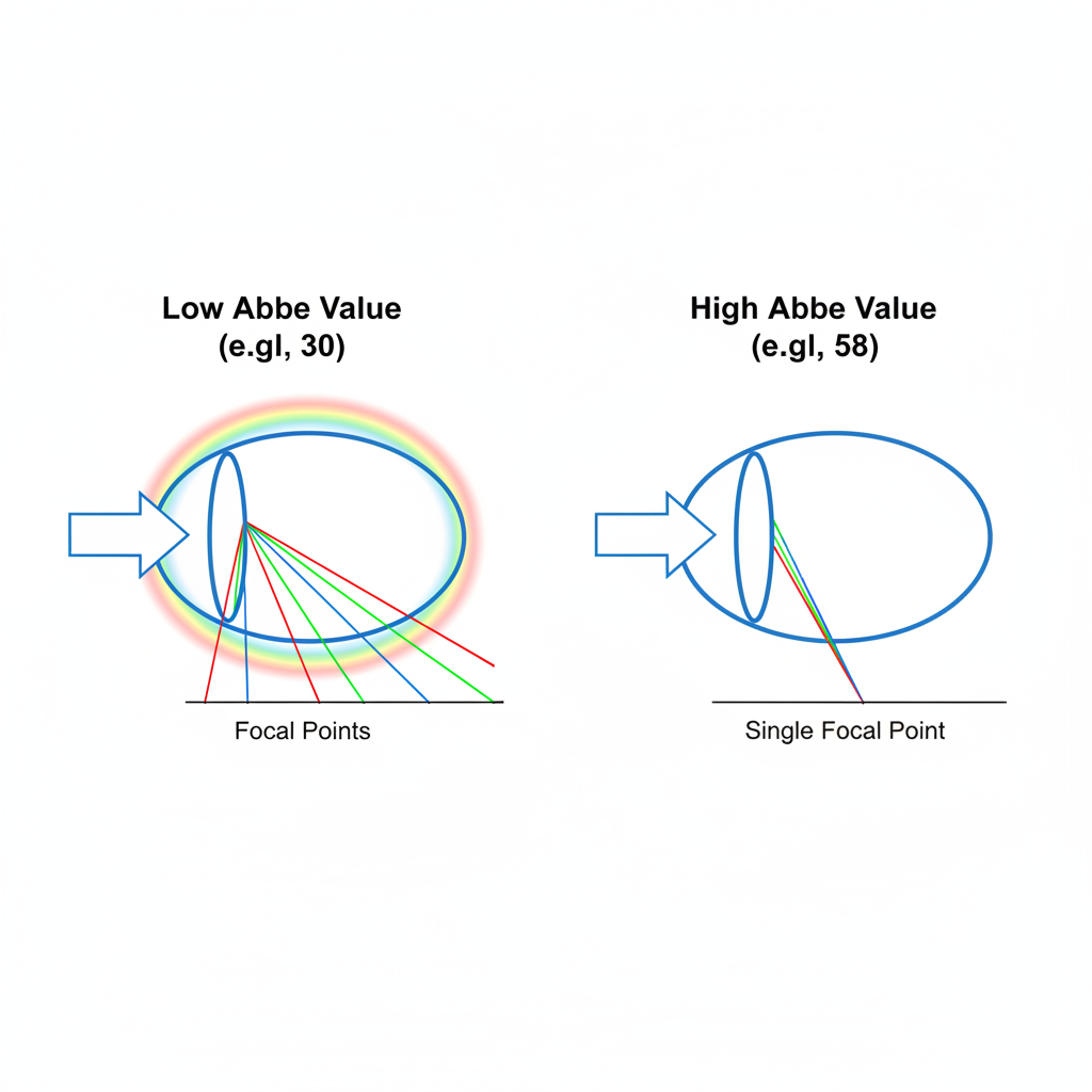 Diagram comparing light dispersion in a low Abbe value lens versus a high Abbe value lens.