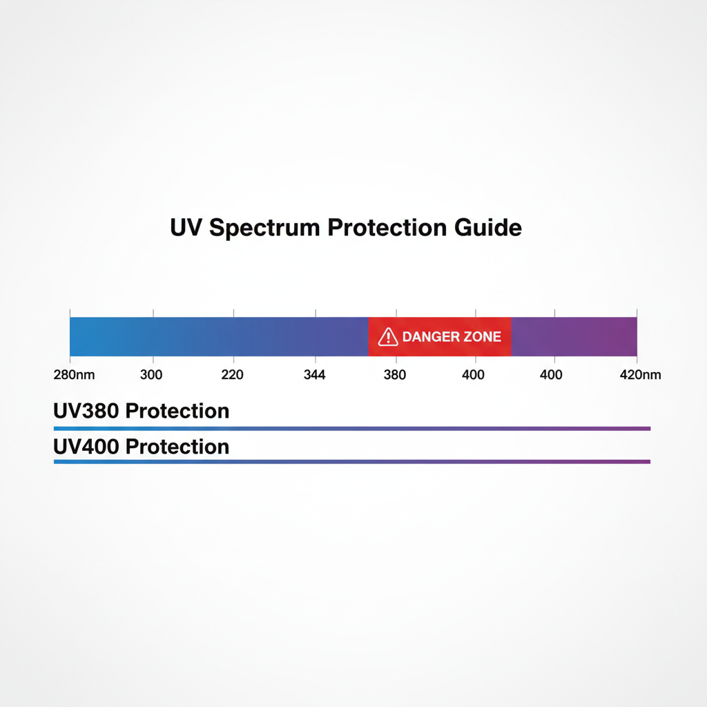 A chart comparing UV380 and UV400 protection, showing the UV400 lens blocking the entire spectrum up to 400nm, including the harmful 380-400nm range.