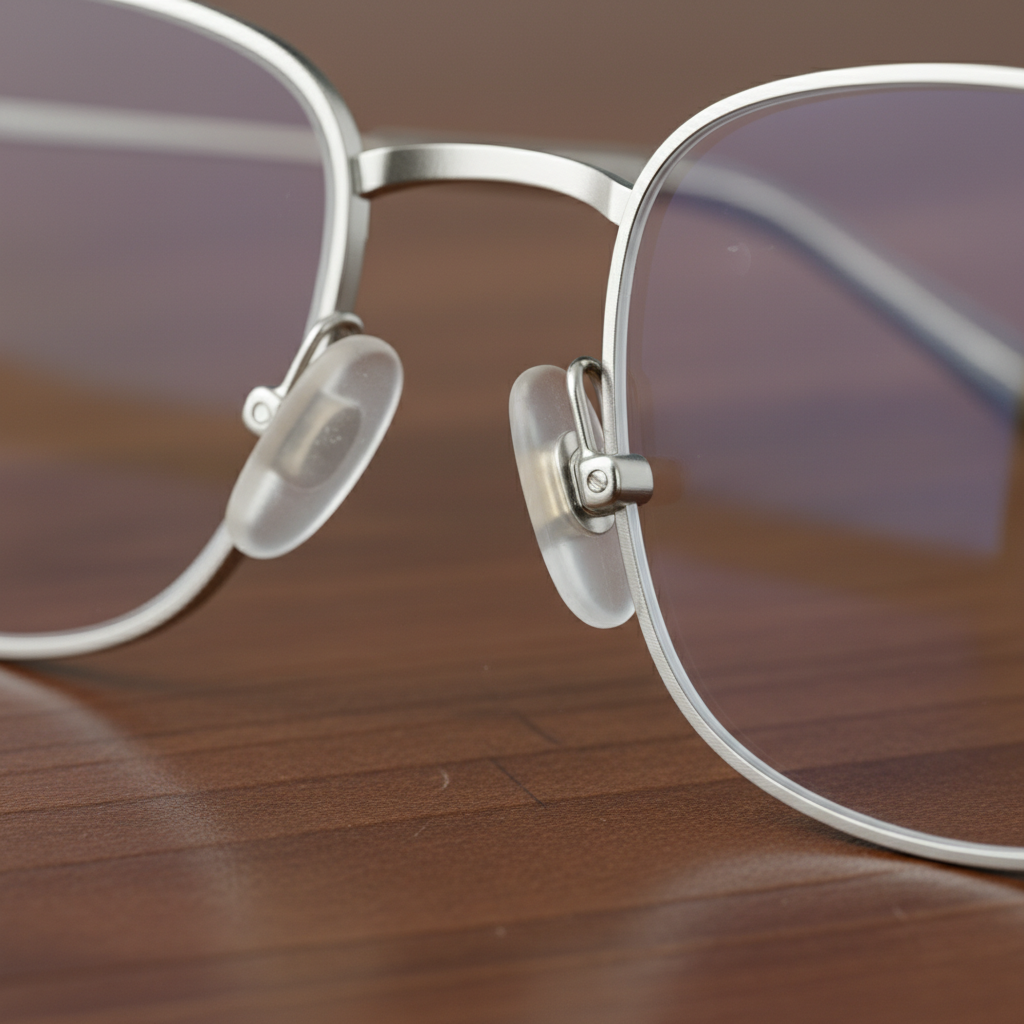 A detailed view of adjustable nose pads on a pair of eyeglasses, demonstrating a key feature for ensuring a comfortable and secure fit for heavier, high-prescription lenses.