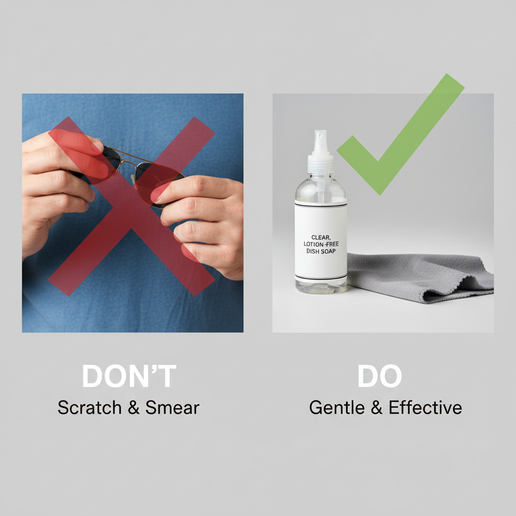 A visual guide showing not to use a t-shirt and to use proper soap and a microfiber cloth for cleaning sunglasses.
