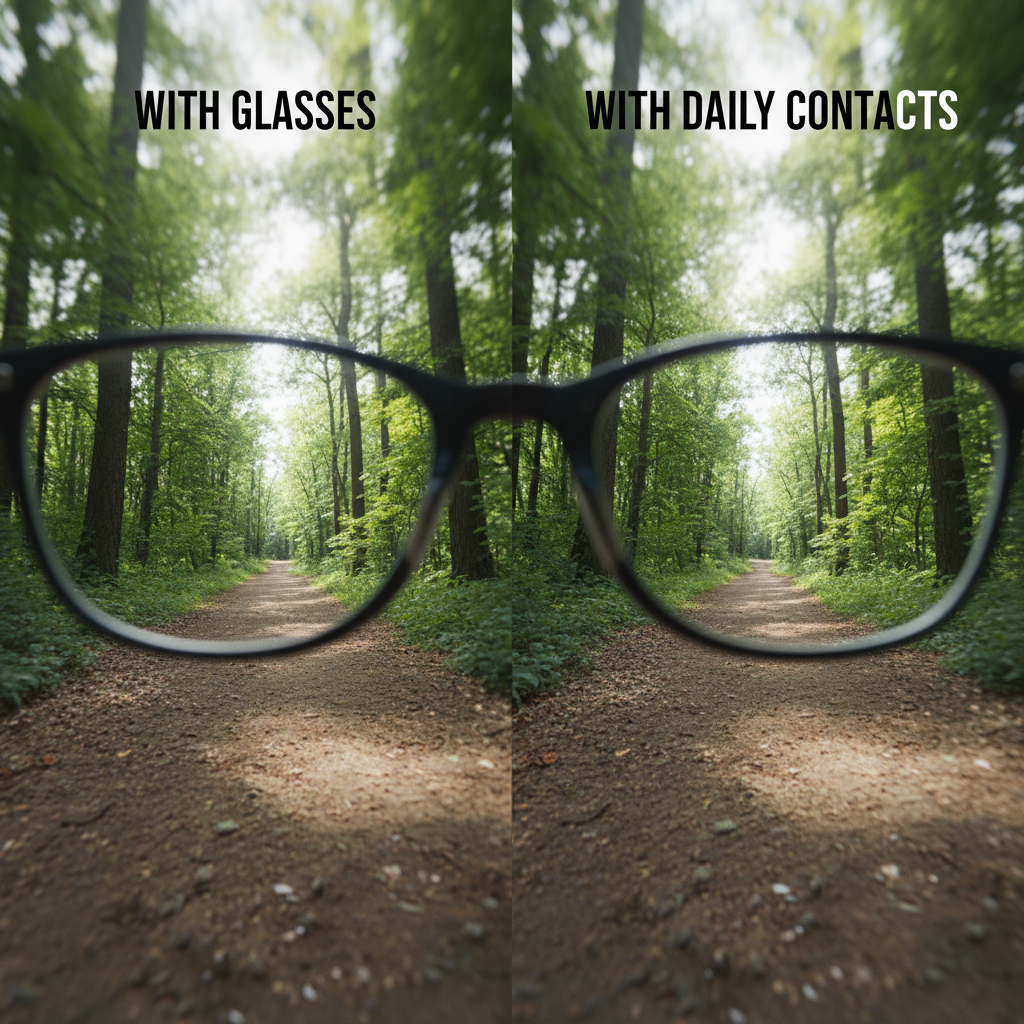A point-of-view comparison showing the clear, wide peripheral vision of a contact lens wearer versus the obstructed, blurry view through glasses during a run.