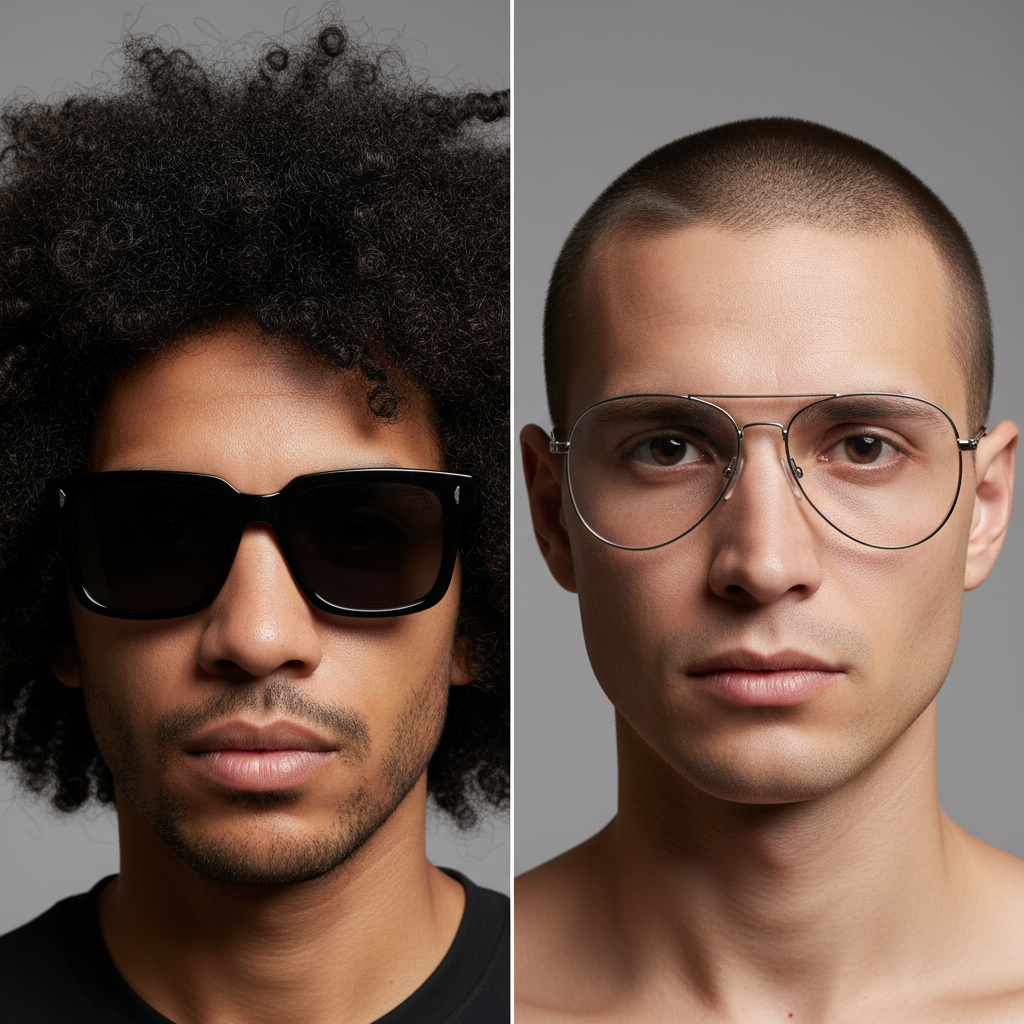 A split-panel image. On the left, a man with voluminous curly hair wears bold, thick-rimmed sunglasses that balance his hairstyle. On the right, a man with a sleek, short haircut wears minimalist wire-frame sunglasses for a clean look.