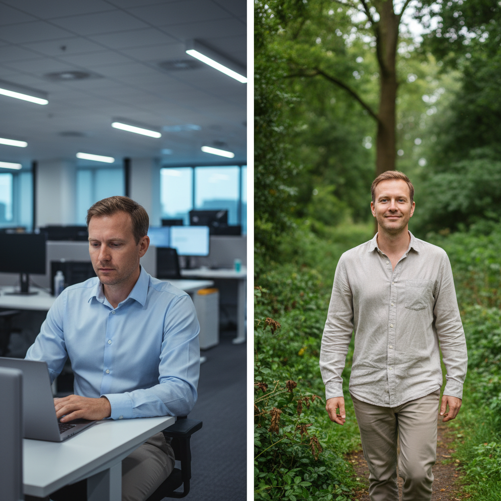An AI-generated image showing two contrasting scenarios: a person looking uncomfortable while working at a computer in a dry, artificially lit office, and another person comfortably wearing contact lenses outdoors in a natural, humid environment.