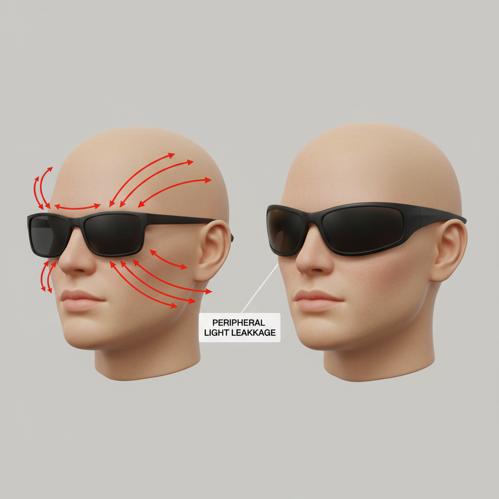 A diagram illustrating how different types of eyeglass frames protect from UV rays. One side shows a flat frame with arrows indicating UV light leaking in from the top and sides (peripheral leakage). The other side shows a wraparound frame that fits closely to the face, blocking all peripheral UV rays.