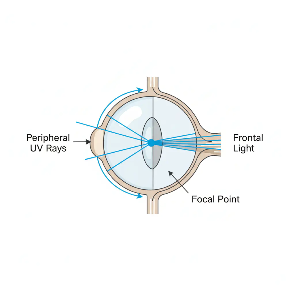 A diagram showing how sunlight can enter the eye from the side, bypassing the front of the lens, even when wearing non-wraparound sunglasses.