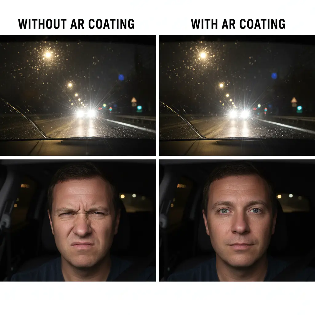 A split-screen comparison showing a nighttime road view. The left side, labeled 'Without AR Coating,' shows significant halos and reflections around headlights. The right side, labeled 'With AR Coating,' shows the same scene with crisp, clear lights and dramatically reduced glare.
