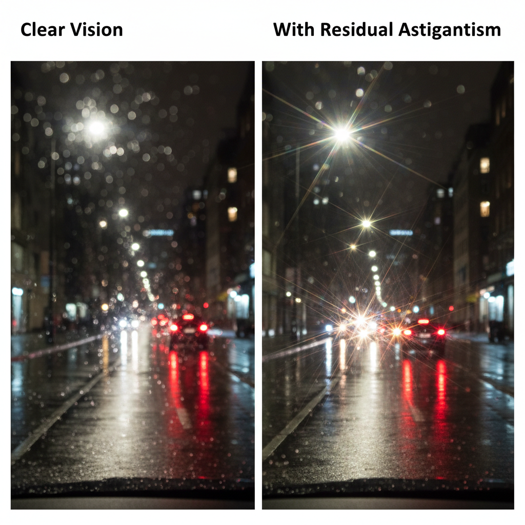 A visual comparison showing a city street at night. The left side is labeled "Clear Vision" and shows crisp, distinct points of light from streetlights and cars. The right side is labeled "Vision with Residual Astigmatism" and shows the same scene, but the lights are exploding into starbursts and halos, creating significant glare.