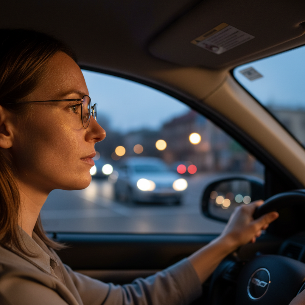 A woman with a focused expression driving at dusk, seen from inside the car. The view through the windshield shows the warm glow of streetlights and the bright headlights of oncoming traffic, with minimal glare, subtly highlighting the effectiveness of her light-tinted glasses.