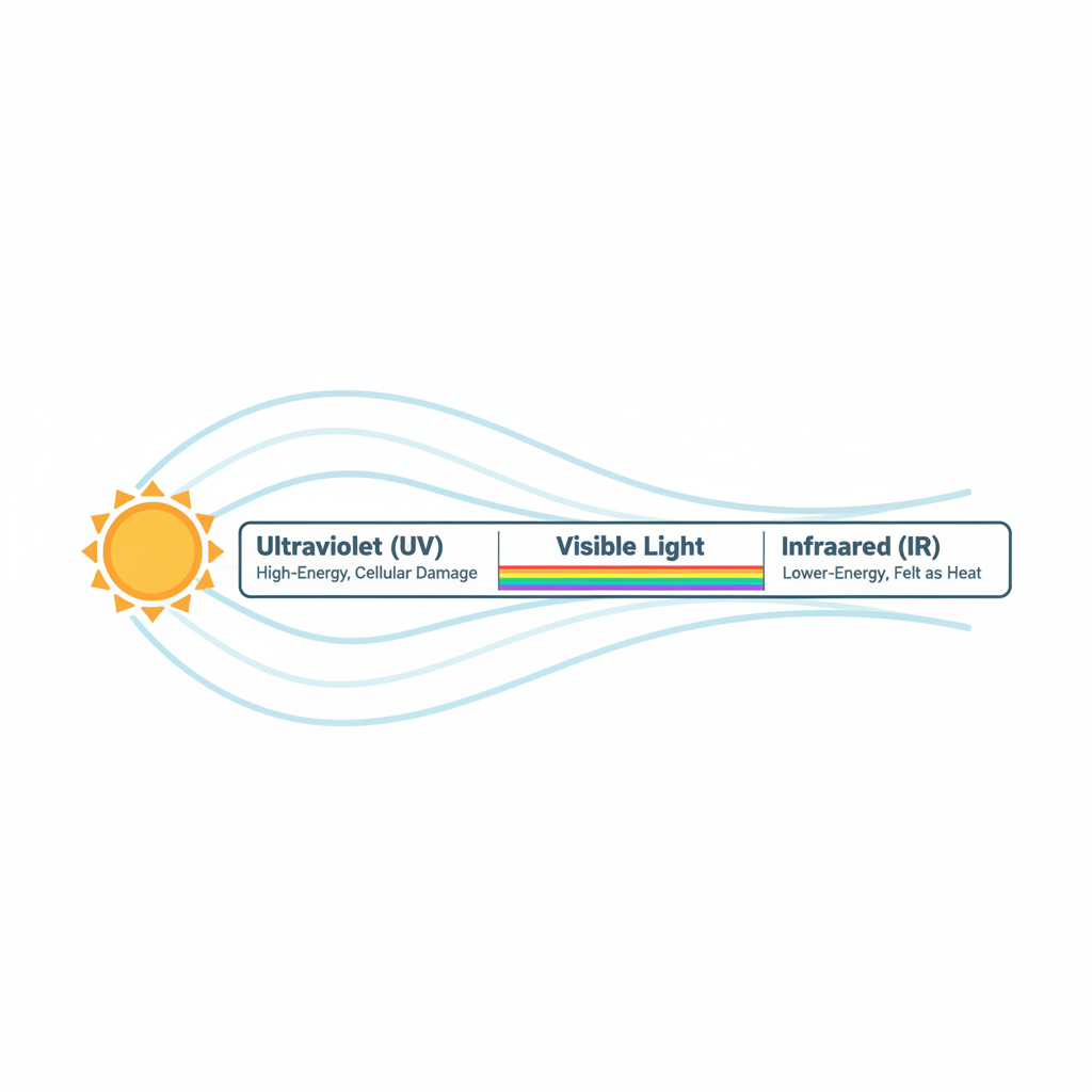 A simplified diagram of the electromagnetic spectrum, showing the sun emitting waves. The spectrum is divided into three clear sections from left to right: Ultraviolet (labeled 'High-Energy, Damaging'), Visible Light (showing a rainbow of colors), and Infrared (labeled 'Felt as Heat').