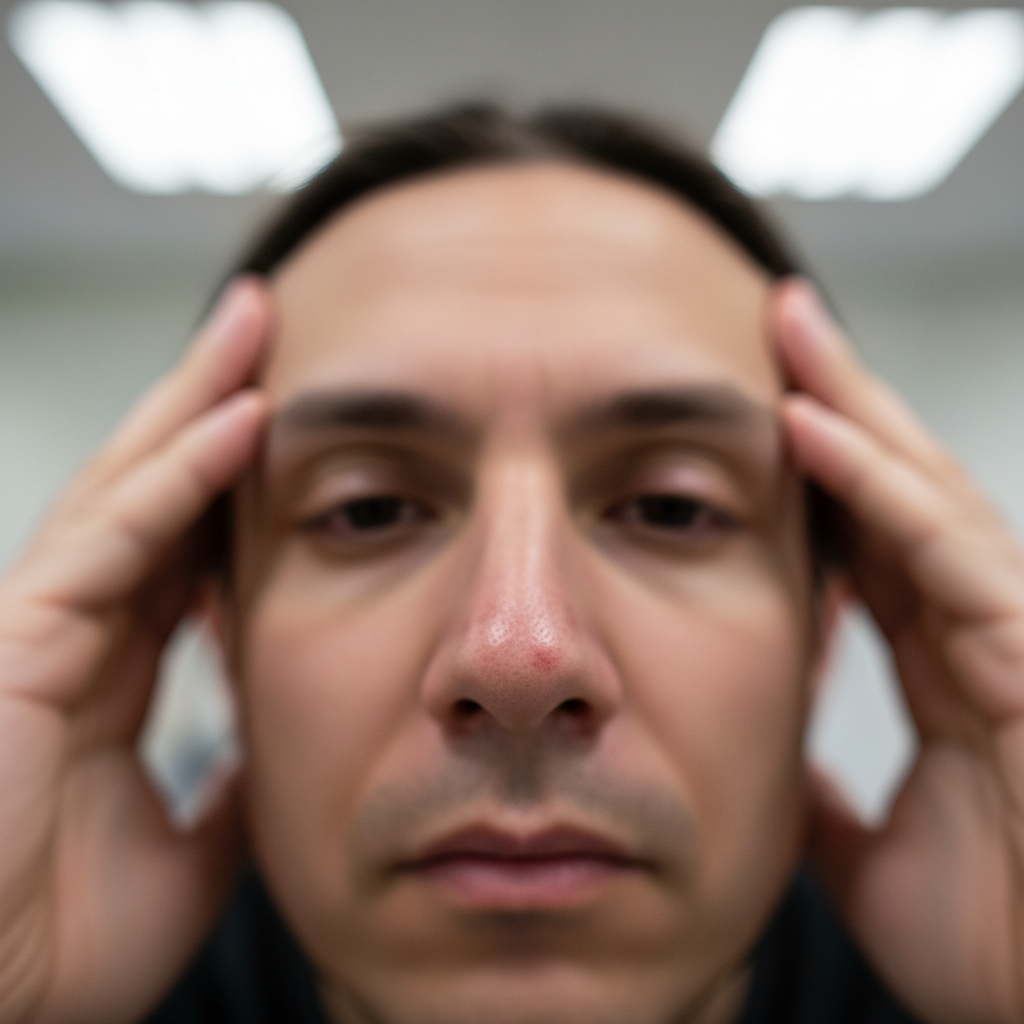 A close-up photo showing the red, indented pressure marks left on the bridge of a person's nose after a long day of wearing heavy eyeglasses. The background is a softly blurred office environment.