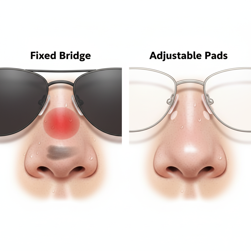 A detailed diagram comparing the pressure points of adjustable silicone nose pads versus a fixed plastic saddle bridge on a nose with makeup.