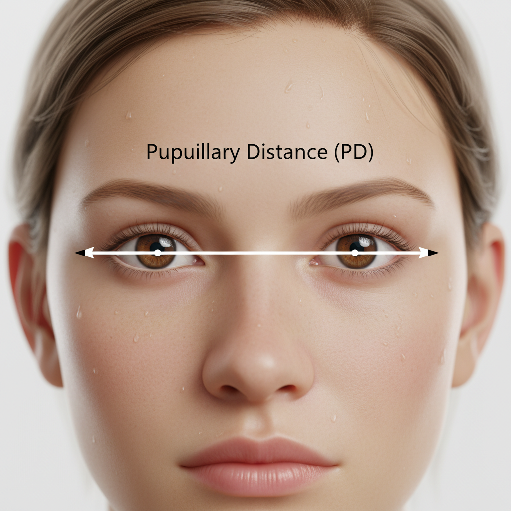 An illustration showing how pupillary distance, or PD, is measured between the centers of the pupils.
