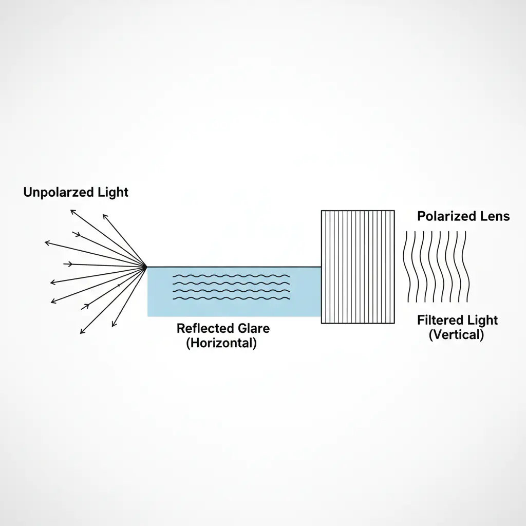 A clear diagram illustrating how a polarized lens with a vertical filter blocks horizontal glare from a reflective surface while allowing useful vertical light to pass through.